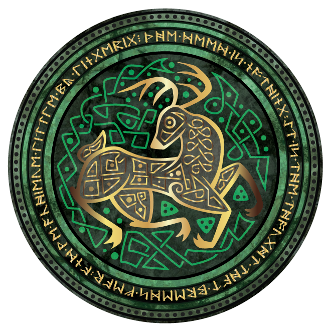 Part of a series of Illustrations of various knotwork animals. The text along the edge reads "Who is the happiest of men? He who values the merits of others, and in their pleasure takes joy, even as though 'twere his own", quoting Johann Wolfgang von Goethe